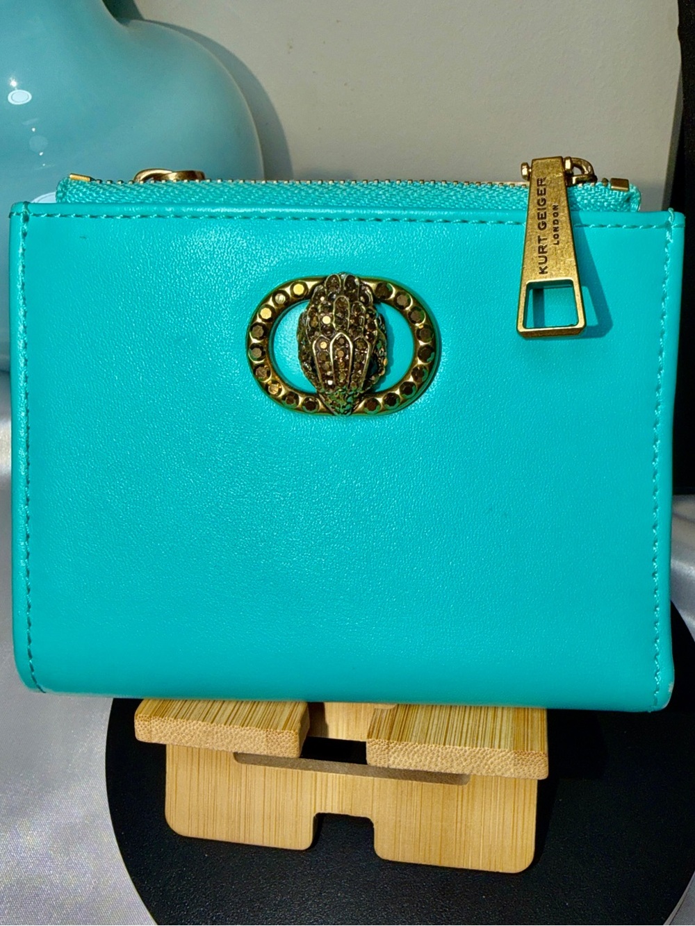 Kurt Geiger Turquoise Zip-Around Leather Wallet with Gold Eagle Emblem Like New